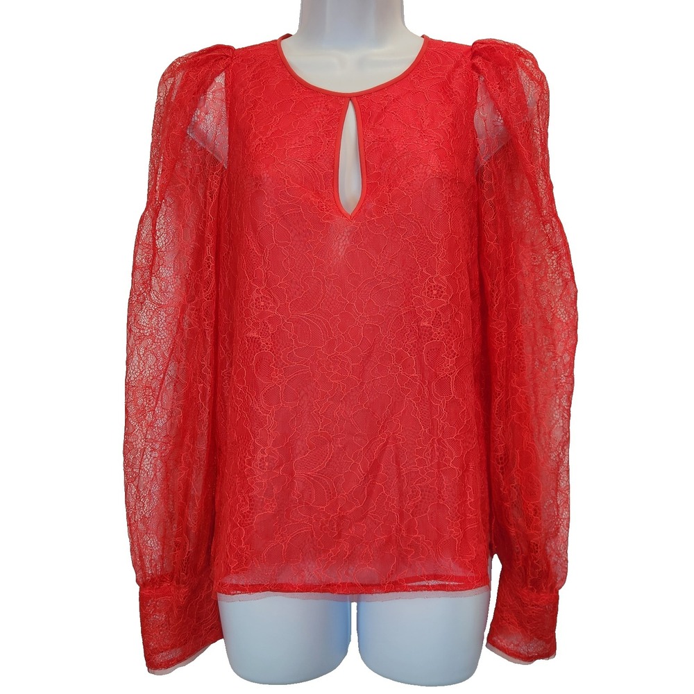 BCBGMAXAZRIA Women's XS Red Berry Shina Lace Top Floral Keyhole Puff Long Sleeve
